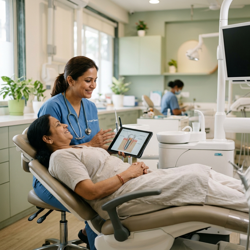 Dental doctor consulting with patient at Nisha Dental Clinic Gingee
